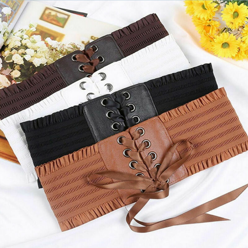 Womens Lady Stretch Buckle Waist Belt Wide Lace Leather stitching cross strap elastic Corset Waistband