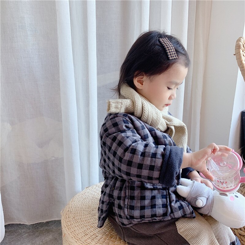 Winter Korean-Style Velvet Quilted Cotton Cloth Girl's Autumn Plaid Jacket Kids Baby Cotton-Padded Clothes Single Breasted