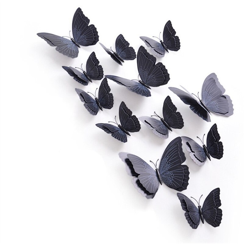 Autocollant mural papillon 3D Double couche, 12 pièces, pour la décoration de la maison, aimant pour réfrigérateur, colle gratuite: Black B