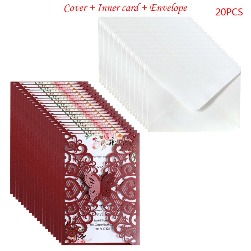 20 stk / sæt sommerfugl bryllupsinvitationer kort hule blonder glitter papir kuverter  n1ha: Rød