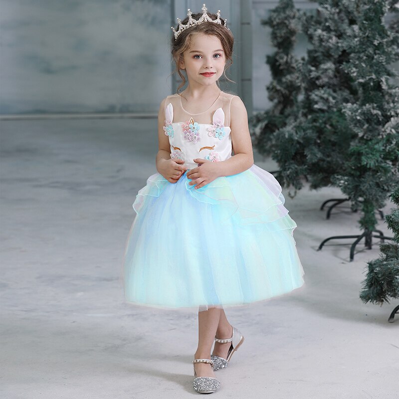 Flickor enhörning tutu klänning sommar barn prinsessa vestido flickor födelsedagsfest klänning barn sommar klänningar 3-8y barn kläder: Blå / 3t