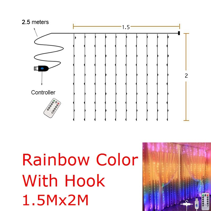 LED Gypsophila Icicle Rainbow Curtain String Lights Remote Control Bedroom Decor Fairy Light USB Power Garlands for Wedding Xmas: Rainbow 1.5x2M