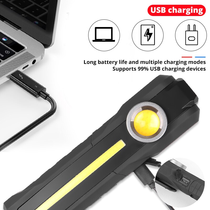Cob arbejdslampe led bærbar lommelygte usb genopladelig lommelygte fleksibel magnetisk inspektion gul lilla hvid nød uv lys