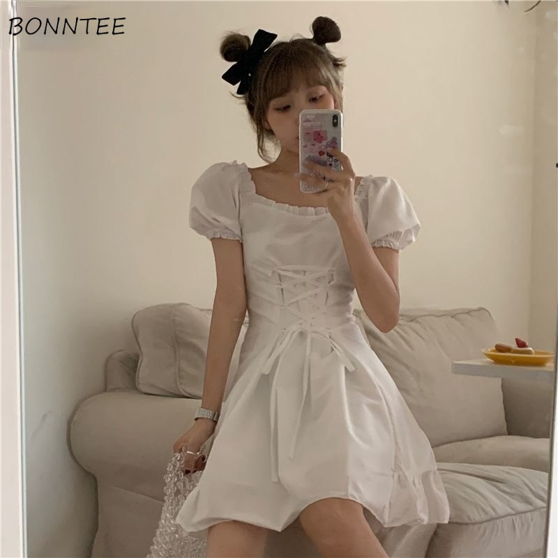 Trendy Streetwear Women Dress A-line Mini Sweet Summer Girls Cool Harajuku Puff Sleeve Empire Simple White Solid Mujer Vestido