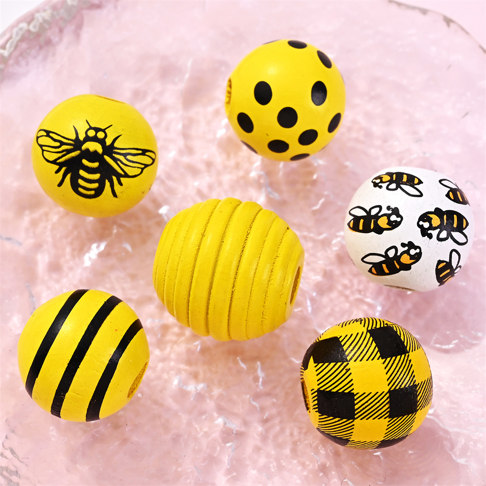 Ensemble de perles décoratives peintes en jaune, jolies perles en bois, perles d'espacement rondes, guirxiété de bricolage, décor de fête exécutif, 10 pièces