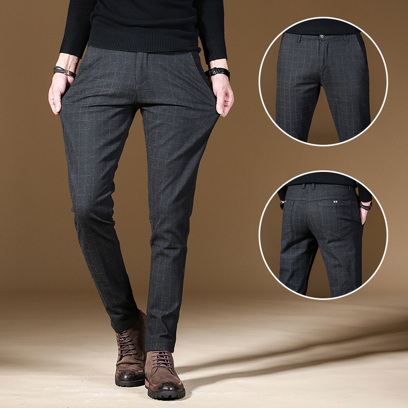 Trend Plaid Smart Business Casual Full Length Pants Mens Office Wear Straight Pants Male Slim Fit Autumn Trousers