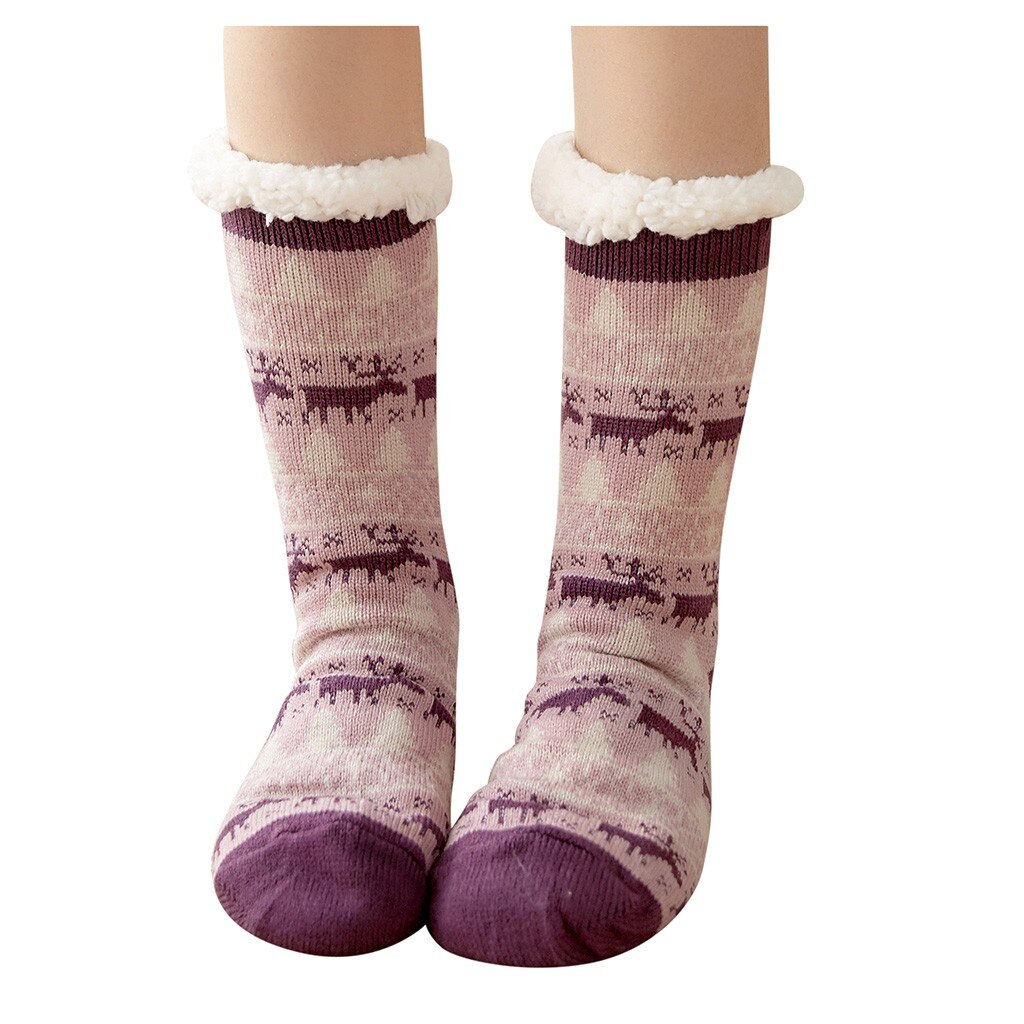 Kerst Sokken Vrouwen Katoenen Sokken Print Dikkere Anti-Slip Vloer Sokken Tapijt Sokken Dikker Winter Fleece Sok Vrouwen Warm: Purple