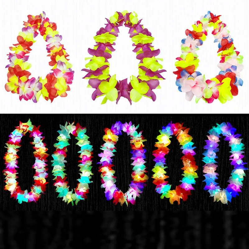 10pcs LED Light Up Flashing Hawaiian Leis Hula Dance Garland Artificial Flowers Neck Loop Necklace Glow Party Supplies Christmas