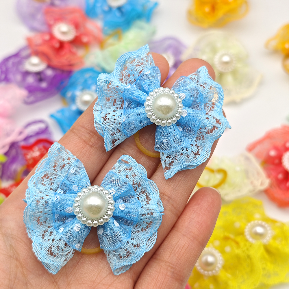 100 piezas de lazos para el cabello de encaje de doble capa para perros pequeños, pinzas para el cabello para el cuidado de mascotas, accesorios para el cabello para cachorros con banda de goma: YELLOW