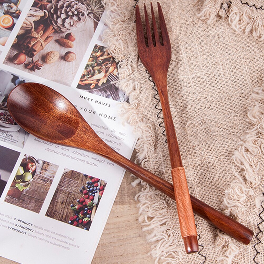 Chinese Tableware Set Wooden Spoon Fork Chopsticks Portable Easy to Clean Travel Dinnerware Suit