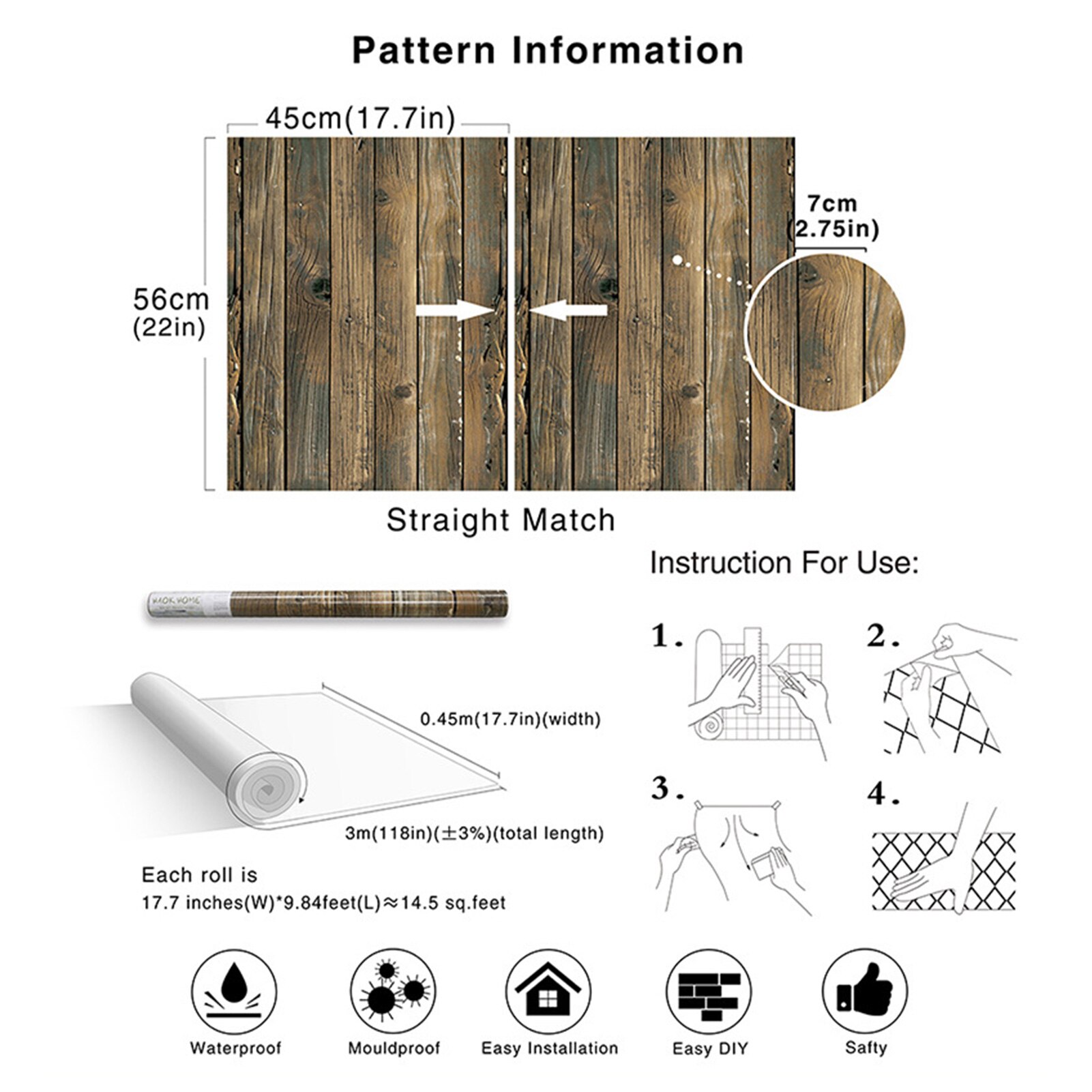 Roll Removable Vinyl Wall Covering For Restaur Retro Faux Wood Grain Peel And Stick Wallpaper Self-adhesive Wood Plank Wallpaper