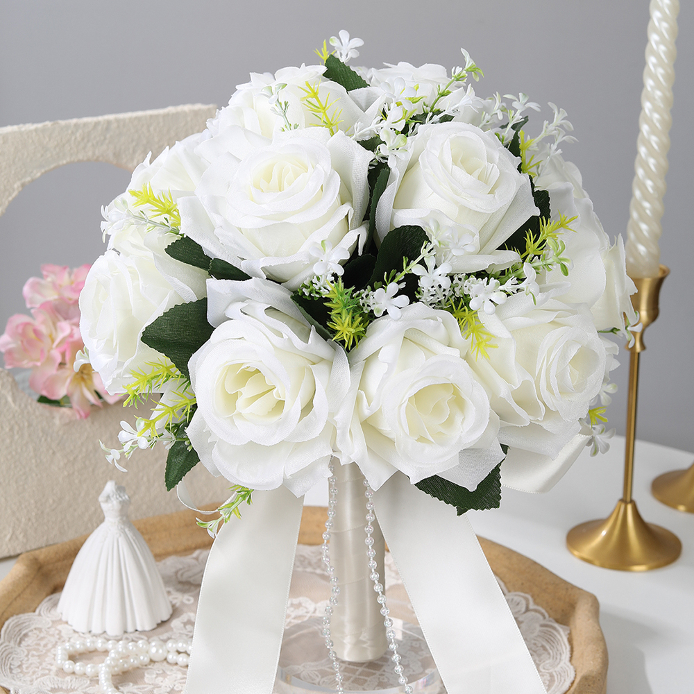 1 weißer Rosen-Hochzeits-Brautstrauß, mit „Liebe“-Dekor, für Hochzeiten, Valentinstag, Verlobungsfeiern