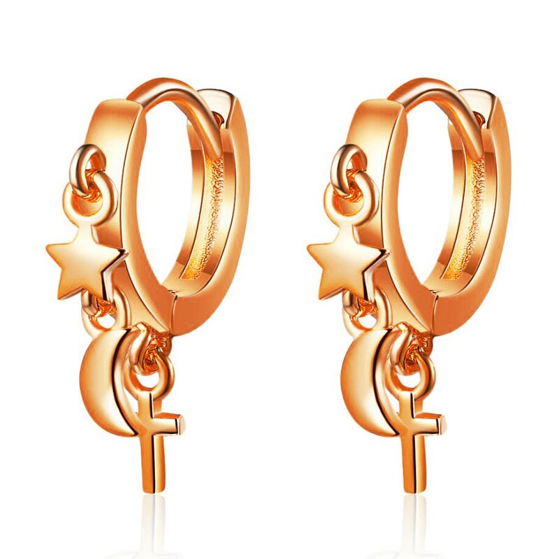 KOFSAC-pendientes de plata de primera ley con forma de luna y estrella para mujer, aretes pequeños, plata esterlina , Cruz, Estilo Vintage, de cumpleaños, 925: rose gold