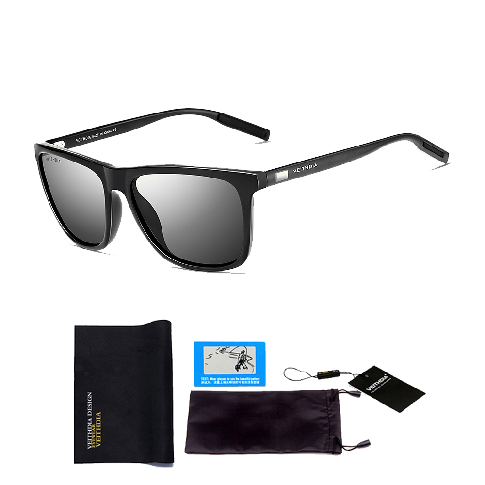 Veithdia mærke unisex retro aluminium +tr90 firkantede solbriller polariseret linse vintage brille tilbehør solbriller til mænd/kvinder: Sort-sort