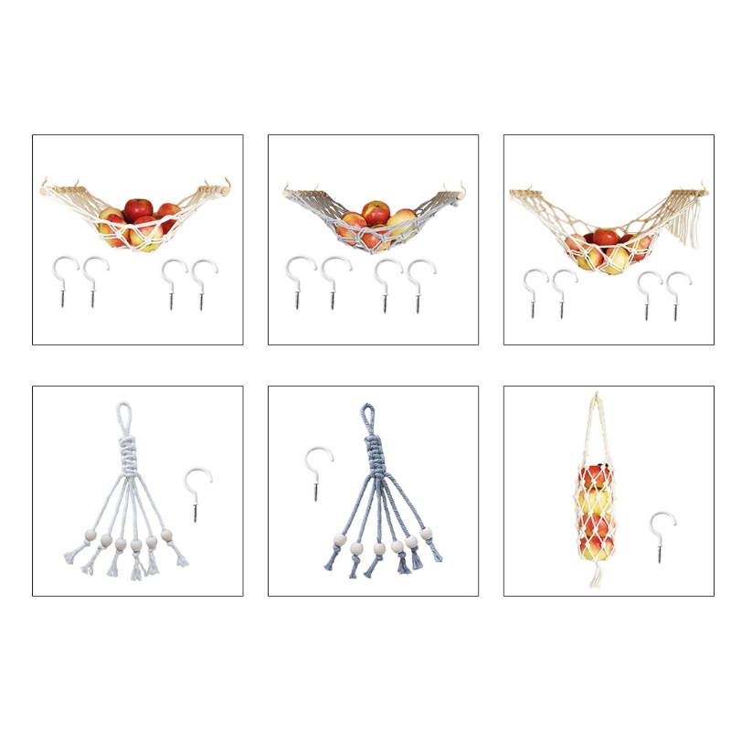 Hamaca de macramé para frutas y verduras, soporte de red con ganchos, cesta colgante para cocina, patatas, cebolla, 3XUF