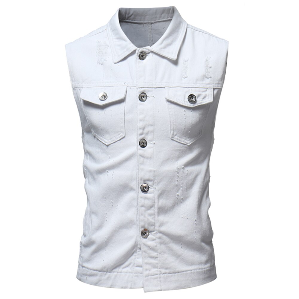 Helisopus automne et hiver manteau en Denim pour hommes classique trou de lavage gilet hommes décontracté sans manches col rabattu gilet: White / M