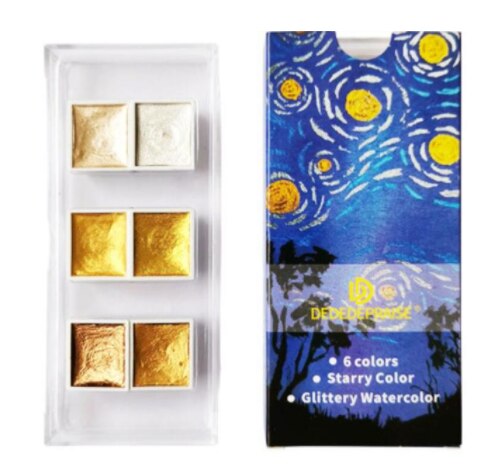 Aquarel Verf Set Professionele Effen Aquarel Verf Set Gouache Aquarel Kit Met Water Borstel Pen Potloden Pouch: 6 gold colors