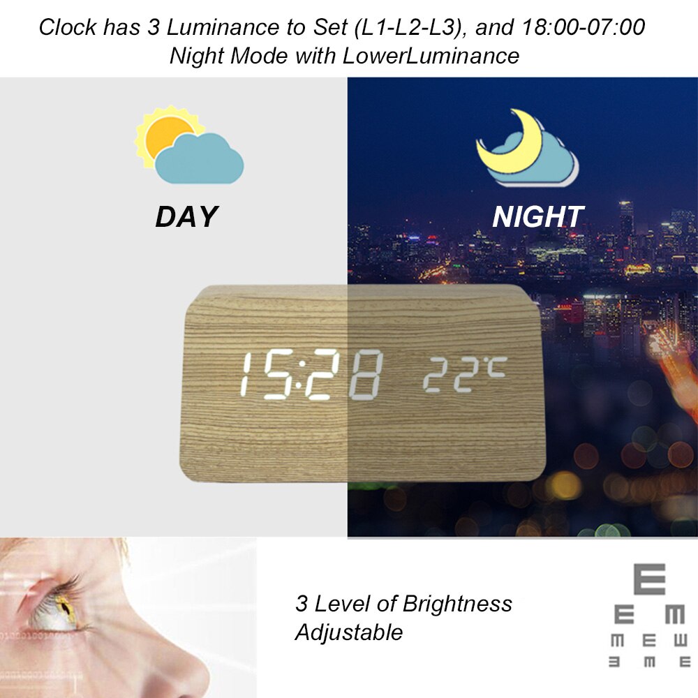 Multifunctional Wooden Clock LED Digital Clock Camphor Wood Grain Wood Clock Mute Sound Control LED Electronic Alarm Clock