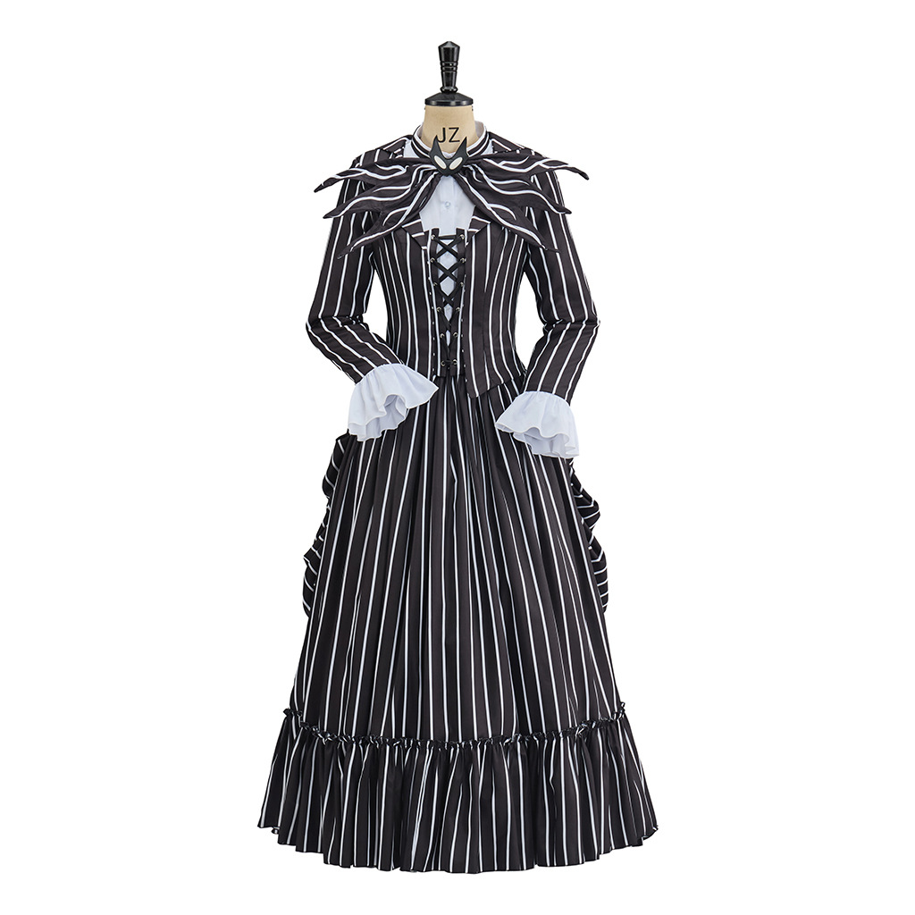 Viktorianisches Edwardianisches Walking-Kostüm für Damen, Gothic, Steampunk, gestreift, Rokoko-Bustle-Kleid, Halloween, Skellington-Verkleidung, Ballkleid