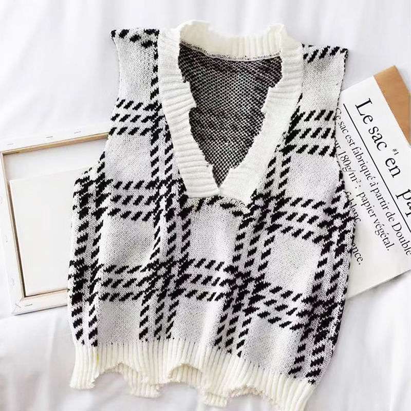 Rutig stickad tröja väst kvinnor retro enkel matchande koreansk lös casual snygg v-ringad kvinnlig oregelbunden street-wear harajuku: Beige / L