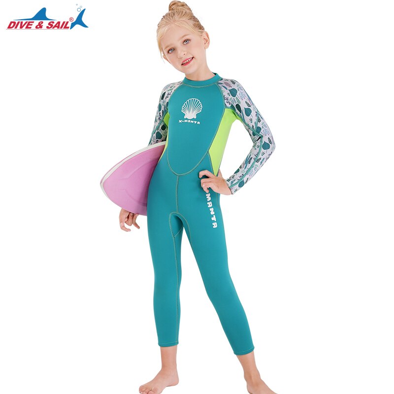 Dykke&sejl 2.5mm piger neopren våddragt børn langærmet en enkelt våddragt scuba snorkel dykker dragt surfing strandtøj badesæt: Grøn / Xxl (139-145cm)