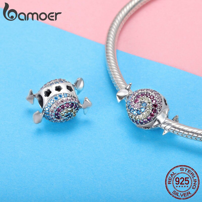 Amuletos de arcoíris de caramelo de Plata de Ley 925 de BAMOER, abalorios coloridos de Circonia cúbica, pulseras, collares, accesorios de joyería DIY SCC898