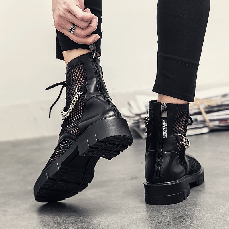 Stivaletti da uomo estivi Punk Rock Mesh catena in pelle stivali a punta tonda stivali da moto da discoteca traspiranti scarpe Casual 46