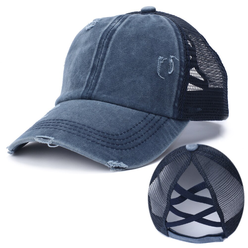 Rétro Anti soleil déchiré maille queue de cheval Criss croix casquette de Baseball chapeau réglable large bord queue de cheval casquette déchiré unisexe casquette de Baseball