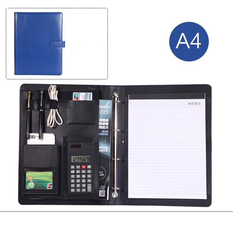 PU artificial leather folder ring binder a4 portfolio for documents padfolio briefcase with notebook cellphone holder 1210C: blue B style
