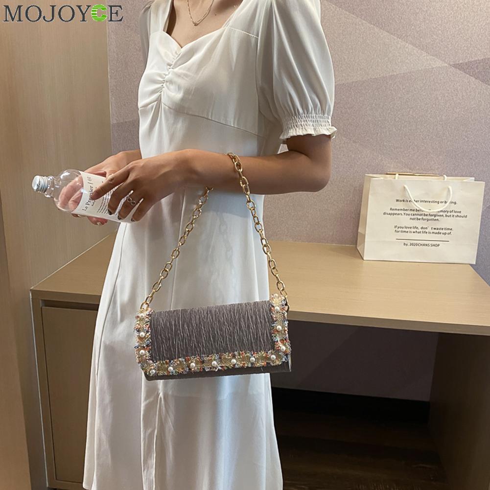 Prachtige boodschappentas, draagbare dames nylon schoudertas met geplooide pareldecoratie, handtassen voor dames, party clutch