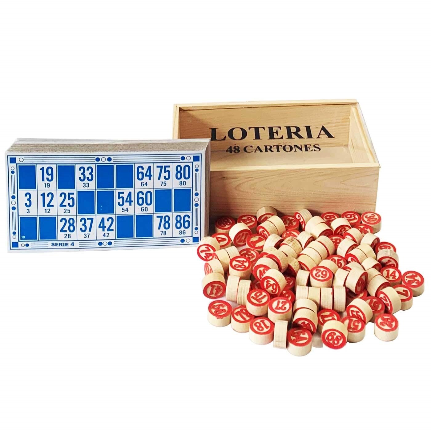 Juego de lotería/bingo en caja de madera, 90 fichas de números y 48 cartones, juego de mesa tradicional, familia, amigos, diver