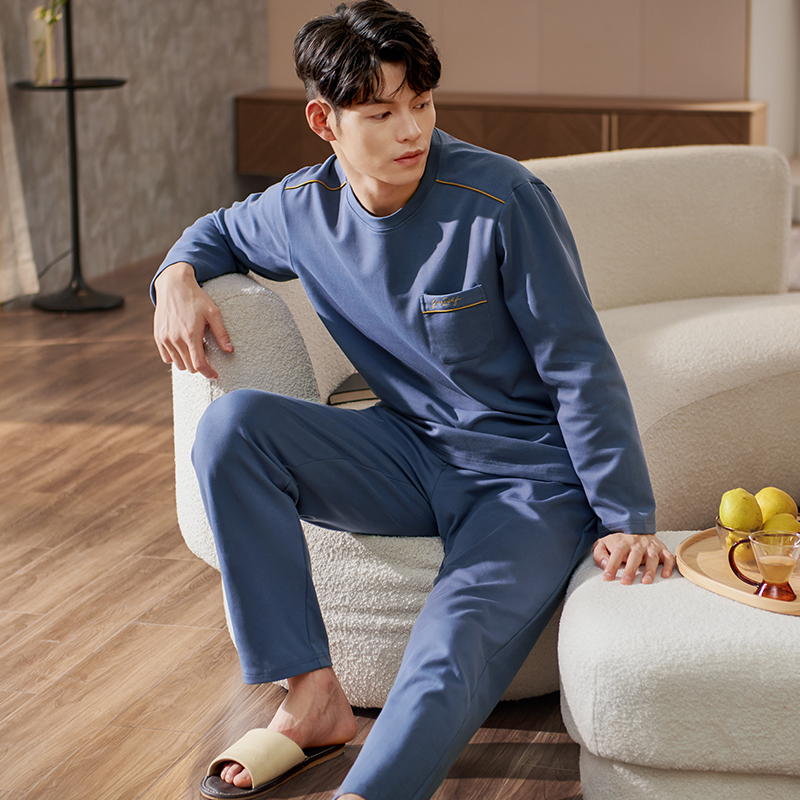 Ensemble Pyjama en coton pur pour homme, manches longues, ample, couleur unie, vêtements de nuit, haut et pantalon, collection automne et hiver: LX-71717 Star Blue / XXL
