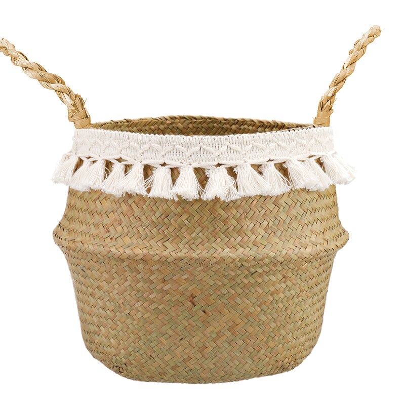Flätad korg hopfällbar naturlig sjögräs vävda förvaringskorgar hushåll vit tofs trädgård blomkruka förvaring magkorg: Med handtag / M 27 x 24cm