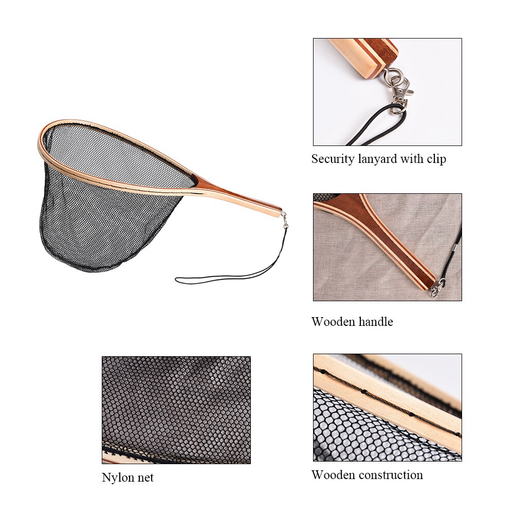 Fly Fishing Landing Net Wooden Handle Frame Fish Catch and Release Net Portable Lightweight Fishing Tool Supplies Durable