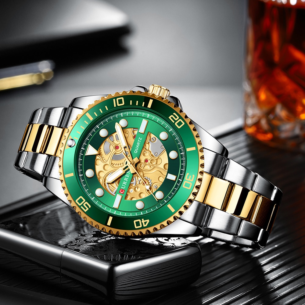 CURREN Horloges Geïmiteerd Mechanisch Quartz Klok Heren Roestvrij Stalen Band Lichtgevende Horloges voor Mannen