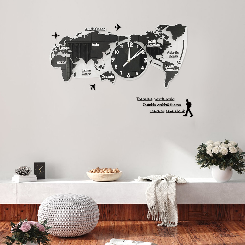 Unique Acrylic Wall Clock World Map Wall Hanging Clock Wall Clock With World Map For Home Living Room Without Battery