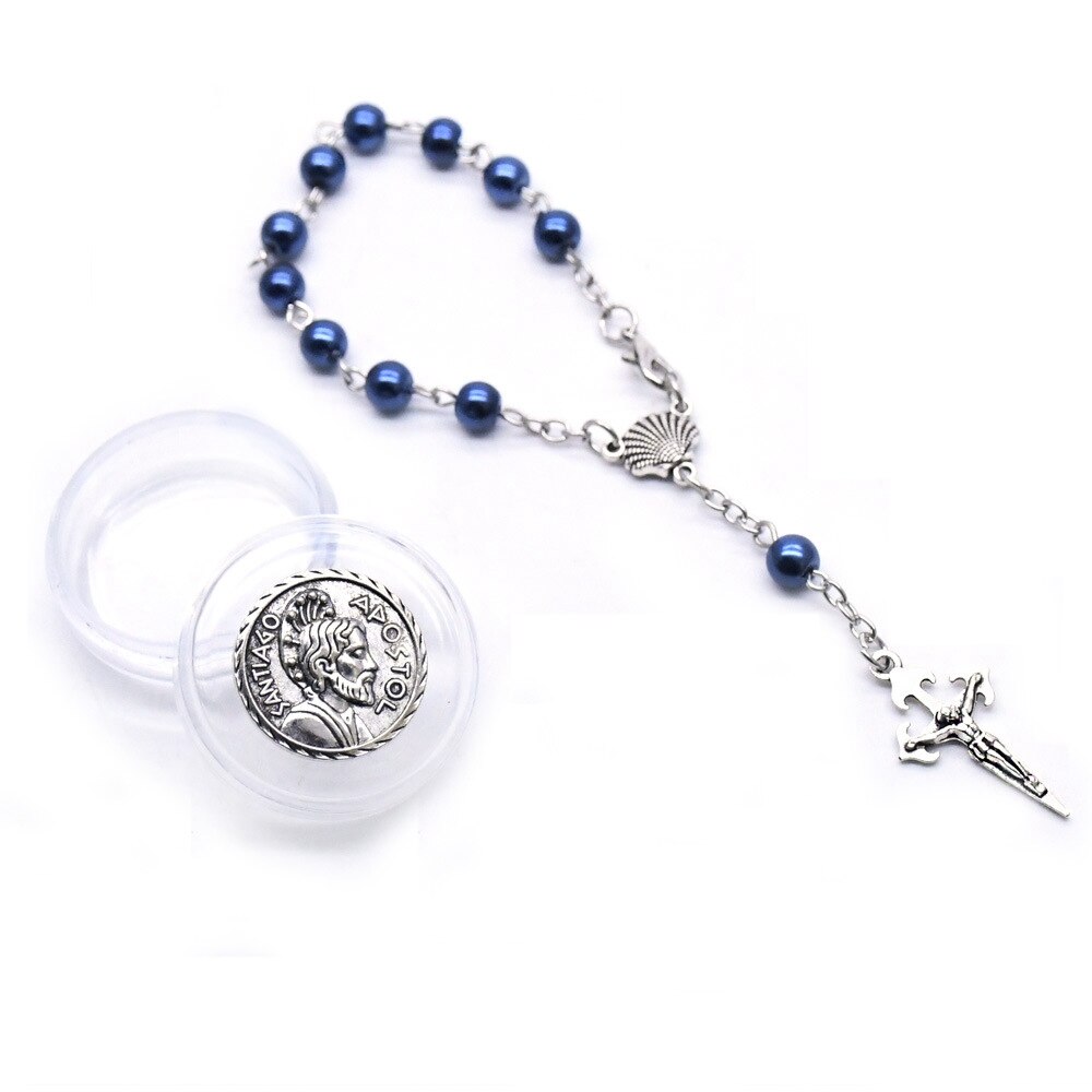 QIGO Santiago Religiöse Schmuck 6 mm Perle Jahrgang Kreuz Rosenkranz Armbinde Mit einem kunststoff Kasten Strang Armbinde Für Männer Frauen