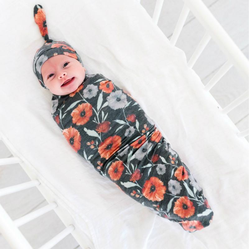 Baby Wraps Cotton Wraps Hat Set Cartoon Flower Printed Cotton Wraps Knotted Tire Cap Two-piece Set Receiving Blankets
