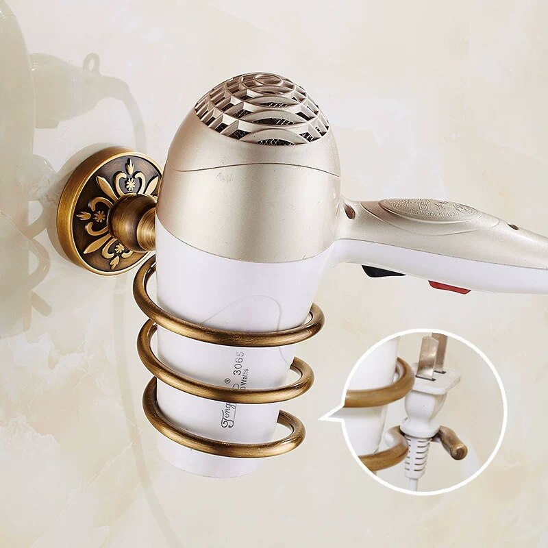 Conjunto de accesorios de baño antiguo de bronce tallado, accesorios de baño, estante de almacenamiento, toallero, porta pañuelos, cepillo de baño: hair dryer holder