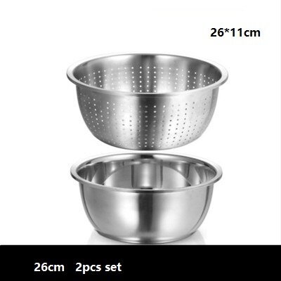 washing basin 2pcs/set Fruit / Vegetable Tools basket strainer basin mixing bowl thick stainless steel kitchen tool utensil: 26CM