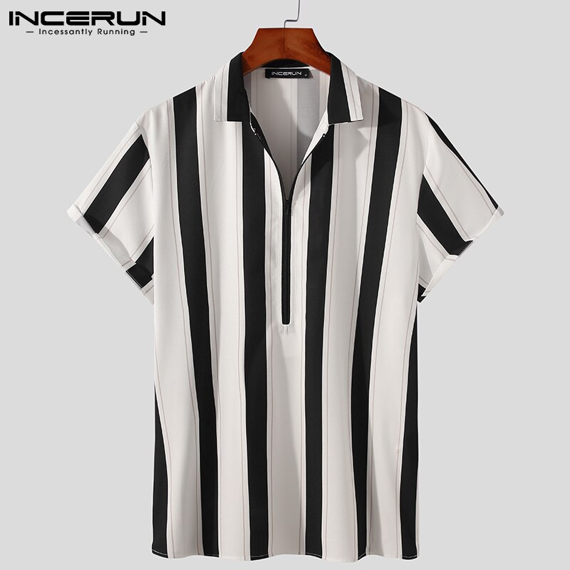 Men Striped Shirt Turn Down Collar Short Sleeve Casual Tops Streetwear Zipper Summer Breathable Camisas 5XL INCERUN