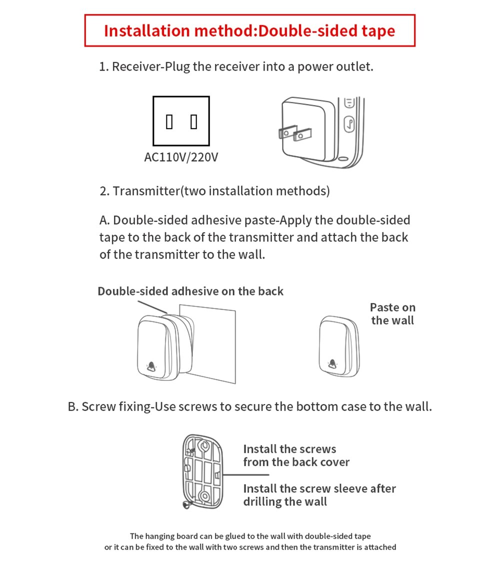 WEMEDA No Battery Wireless Doorbell Self-powered Waterproof Home Call Ring Bell 2 Button 4 Receiver 60 Chimes 5 Volume 0-110DB