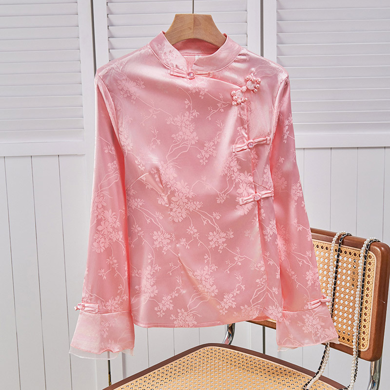 Vintage kinesisk stil jacquard skjorter høj hals perlespænde pink langærmet dame med temperament elegance kontor basics skjorte: Xxxl