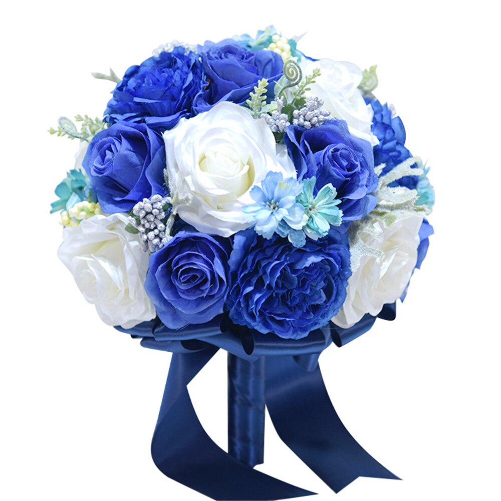 Blauw Wit Bruidsboeket Handgemaakte Kunstmatige Bloem Rose Buque Casamento Bruids Boeket Voor Bruiloft Decoratie