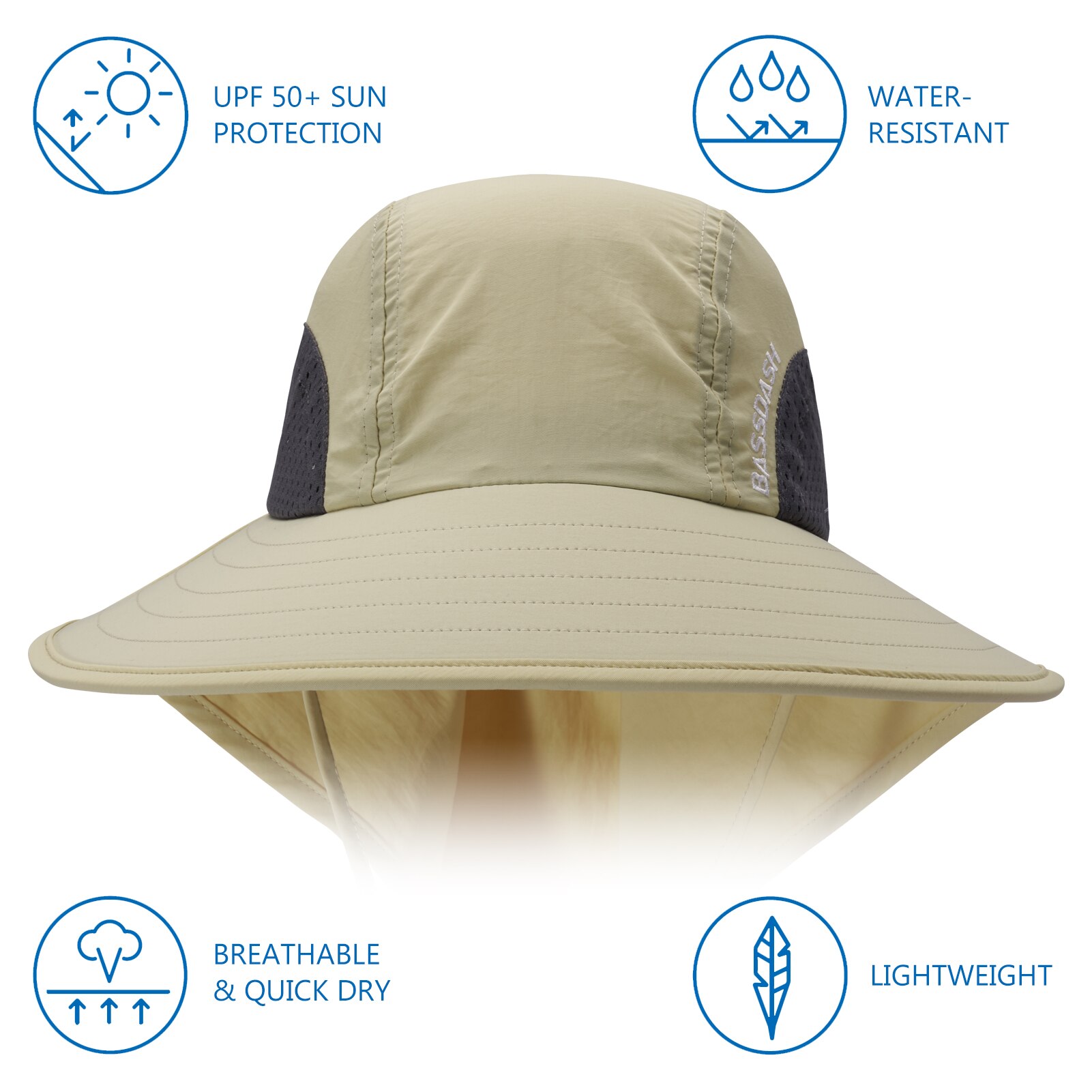 BASSDASH-Sombrero de Sol de ala ancha Unisex, resistente al agua, con solapa de cuello grande, ajustable, para pesca, transpirable