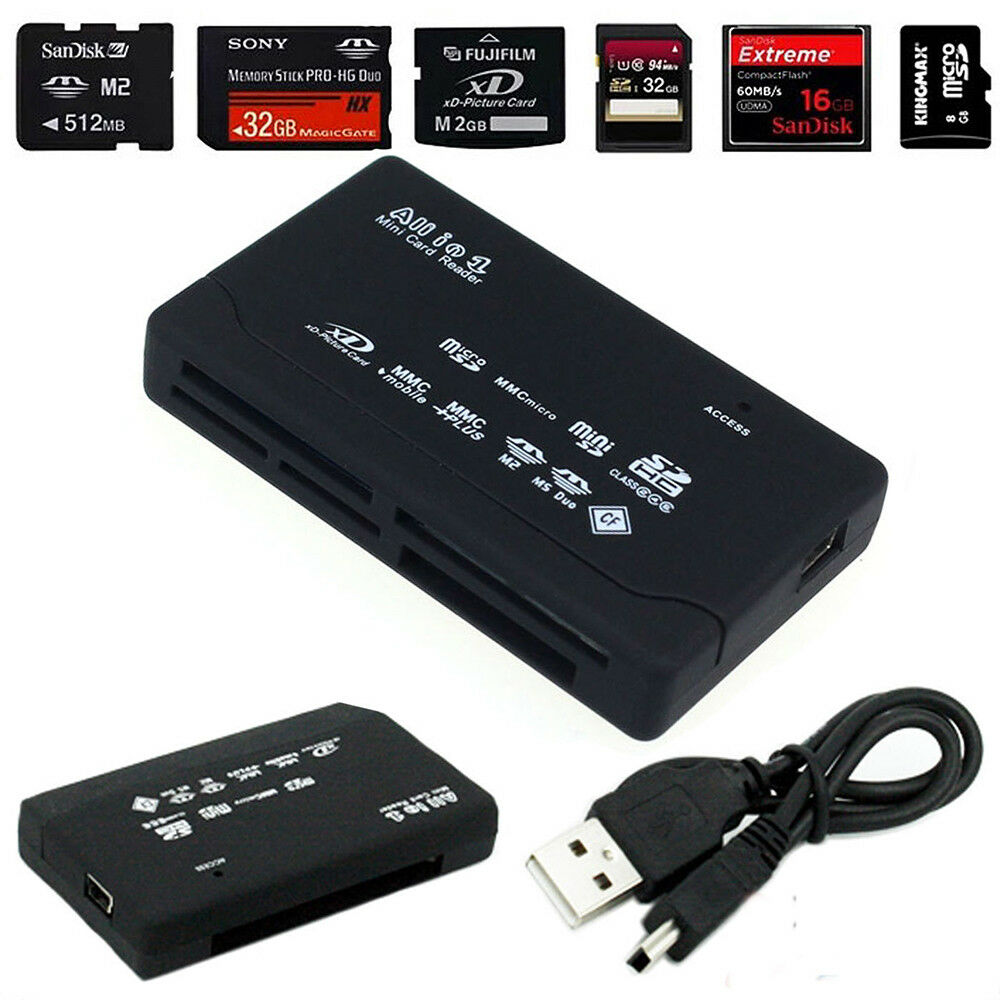 Muti-Kaartlezer Adapter All in 1 USB 2.0 CF xD SD MINI TF MS Zwart + USB Kabel