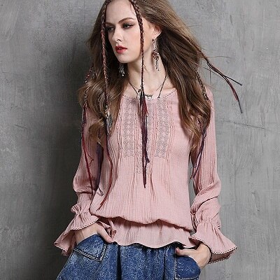Blusa feminina yuzi høst årgang bomullsbluse o-hals broderi sommerfuglerm løse damebluser  b9536 2 farger: Rosa / M
