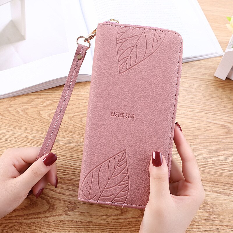 Novas mulheres carteiras e bolsas de couro do plutônio carteira feminina pulseira folha impressão longa bolsa grande capacidade saco do telefone deixe
