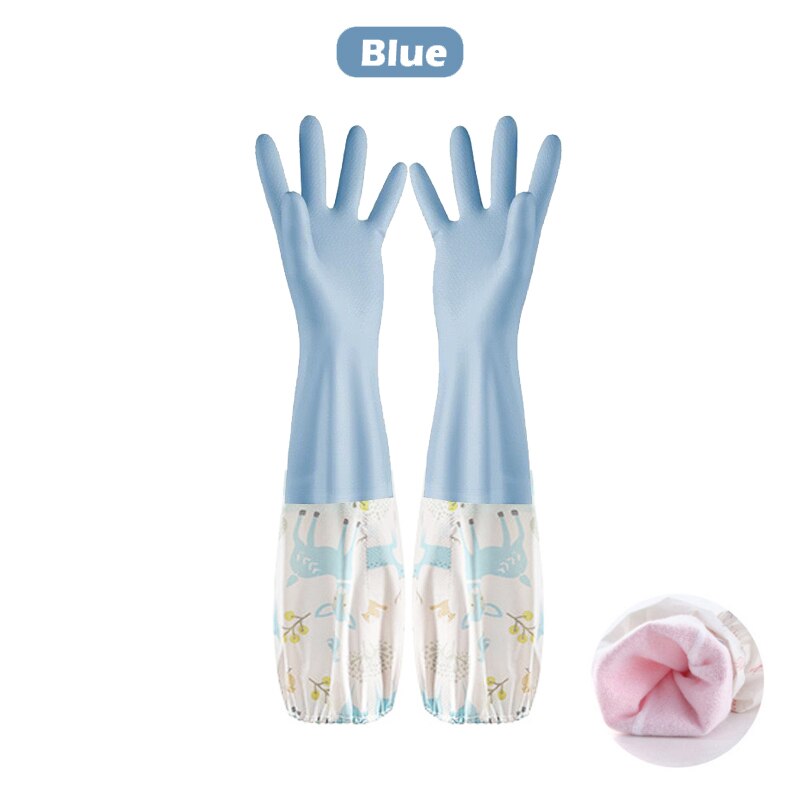 Gants de lavage de la vaisselle, monocouche, manche d'épissure domestique, étanches, en peluche, bande élastique, gants en caoutchouc: Blue-Plush / M