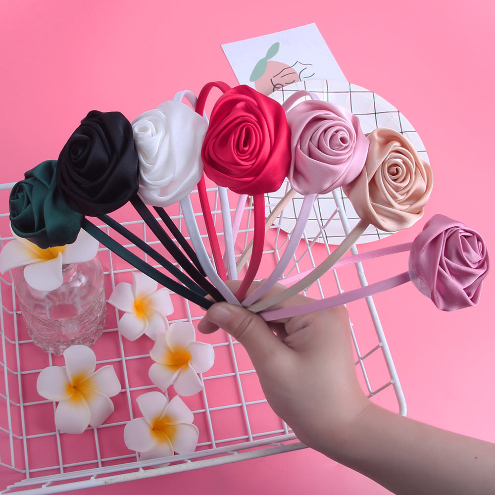 Girls Satin Rose Flower Headband Vintage Style Hairband Hair Accessories Wedding Costume Headwear Handmade Headpiece